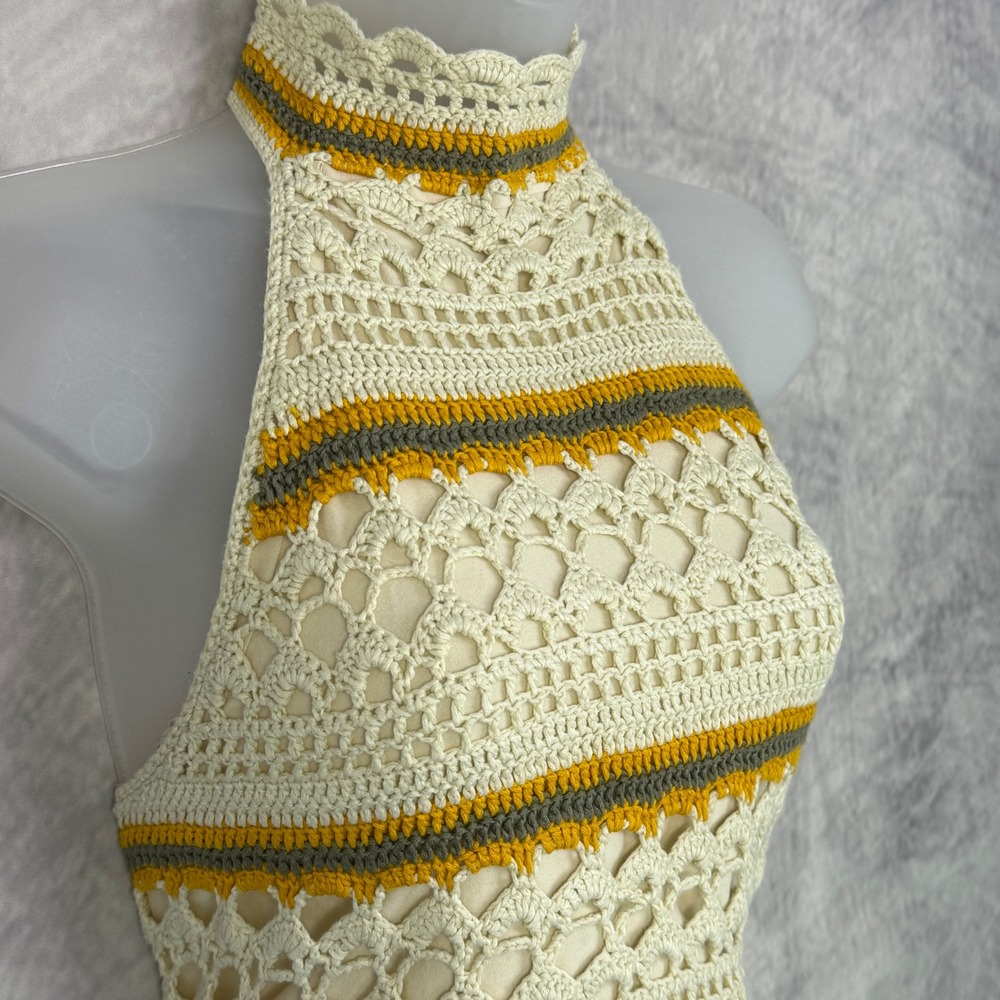 Y2K Crochet Halter Top Striped‎ Lace Up womens Sz M Festival Boho hippie beach